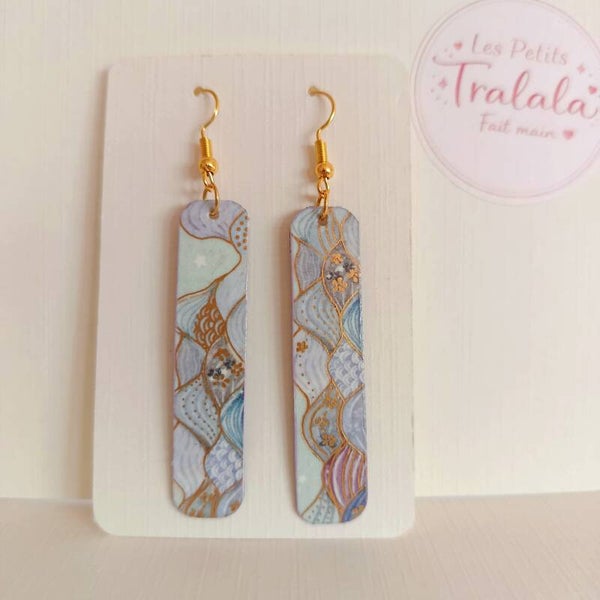 #12 Boucles d'oreilles rectangle motif japonais montagne - mauve & doré