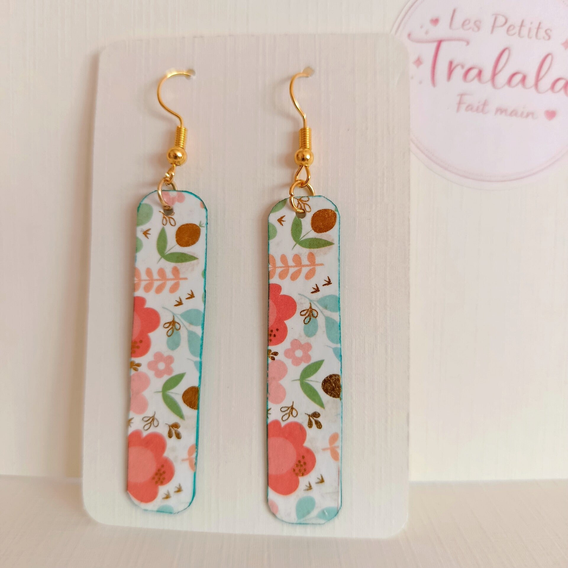 #16 Boucles d'oreilles rectangle fleurs - rose, orange & turquoise