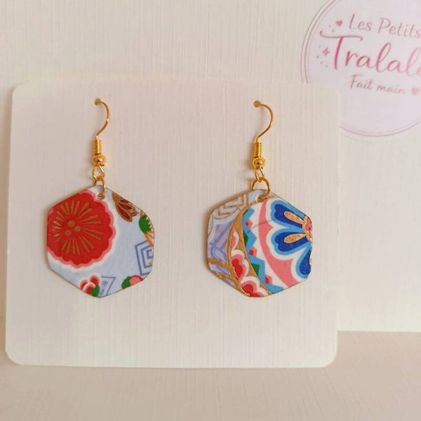 #18 Boucles d'oreilles hexagone motif japonais - rouge, bleu &doré