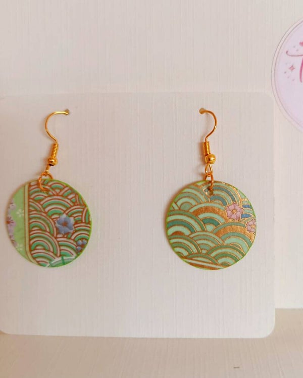 Boucles d'oreilles rondes motif Seigaiha Vert