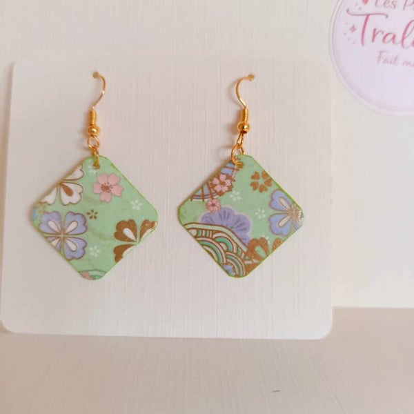 Boucles d'oreilles carré motif japonais-Vert