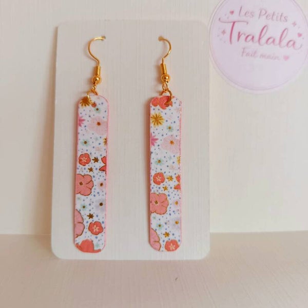 Boucles d'oreilles rectangle fleurs Rose