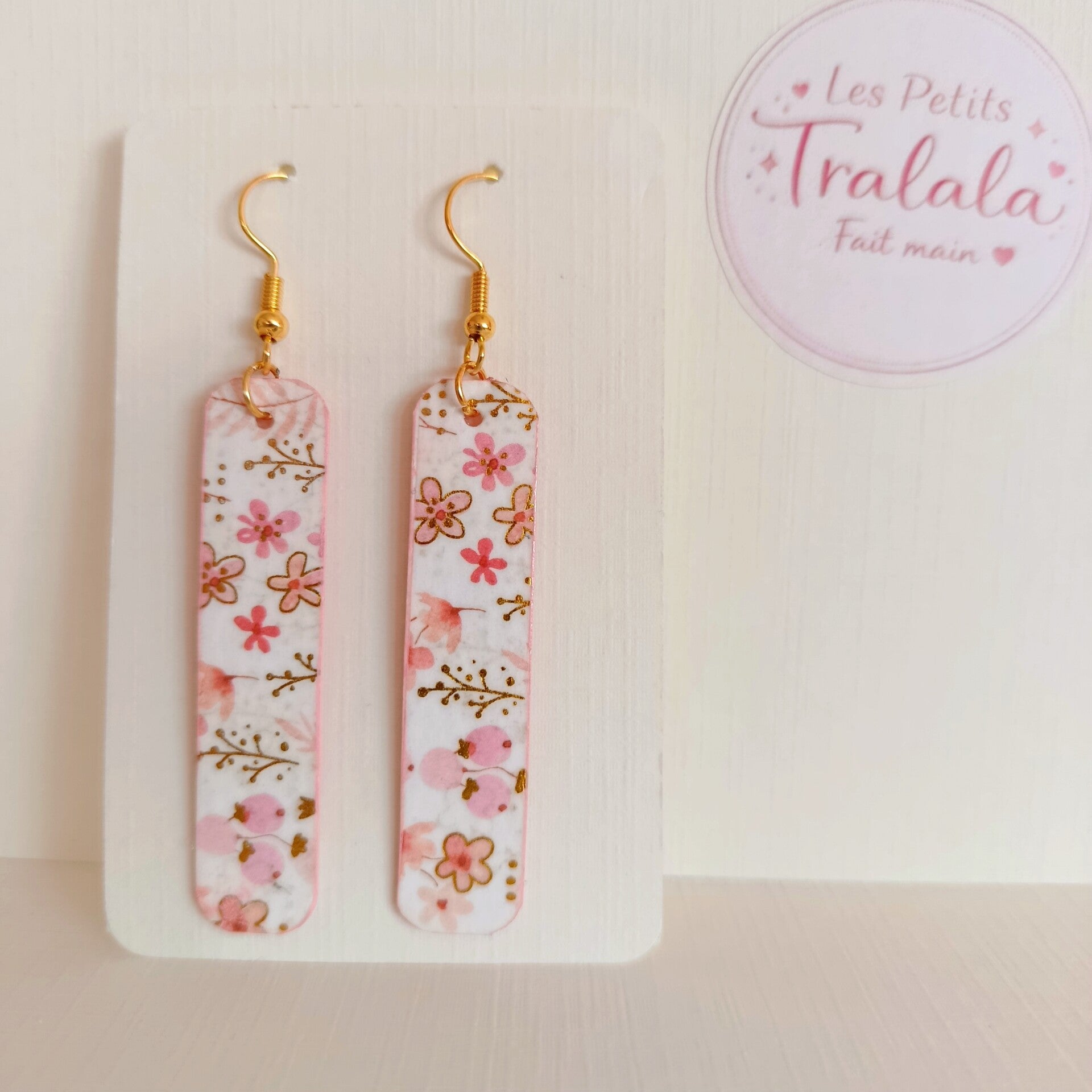 #22 Boucles d'oreilles rectangle fleurs - Rose & doré