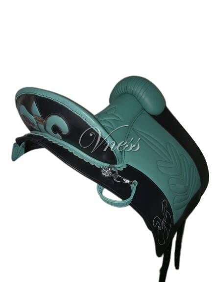 Lilly Vness Baroque working equitation treeless leather tree saddle adjustable panels italian and american leather custom order seafoam tiffany blue custom leather fleur de lit