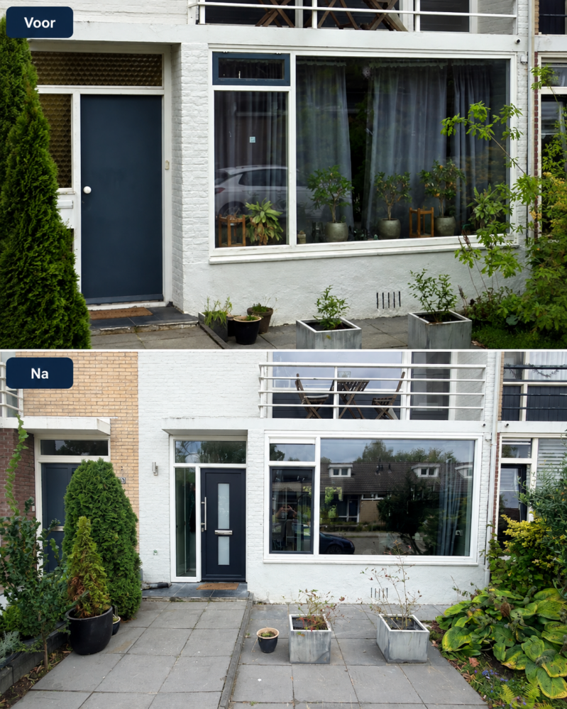 Voor en na het vervangen van kozijnen en voordeur bij een woning in Arnhem