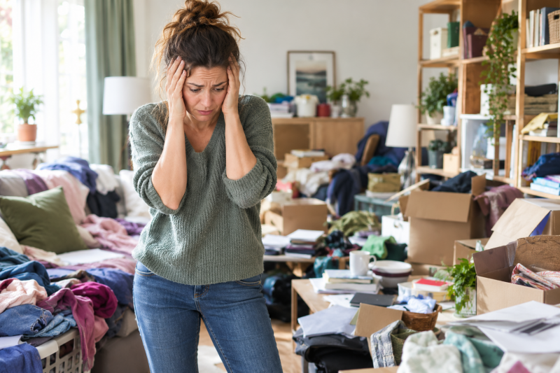 Femme dépassée par le désordre dans une maison encombrée, illustrant la charge mentale liée au rangement et le besoin de retrouver un intérieur organisé et apaisant.
