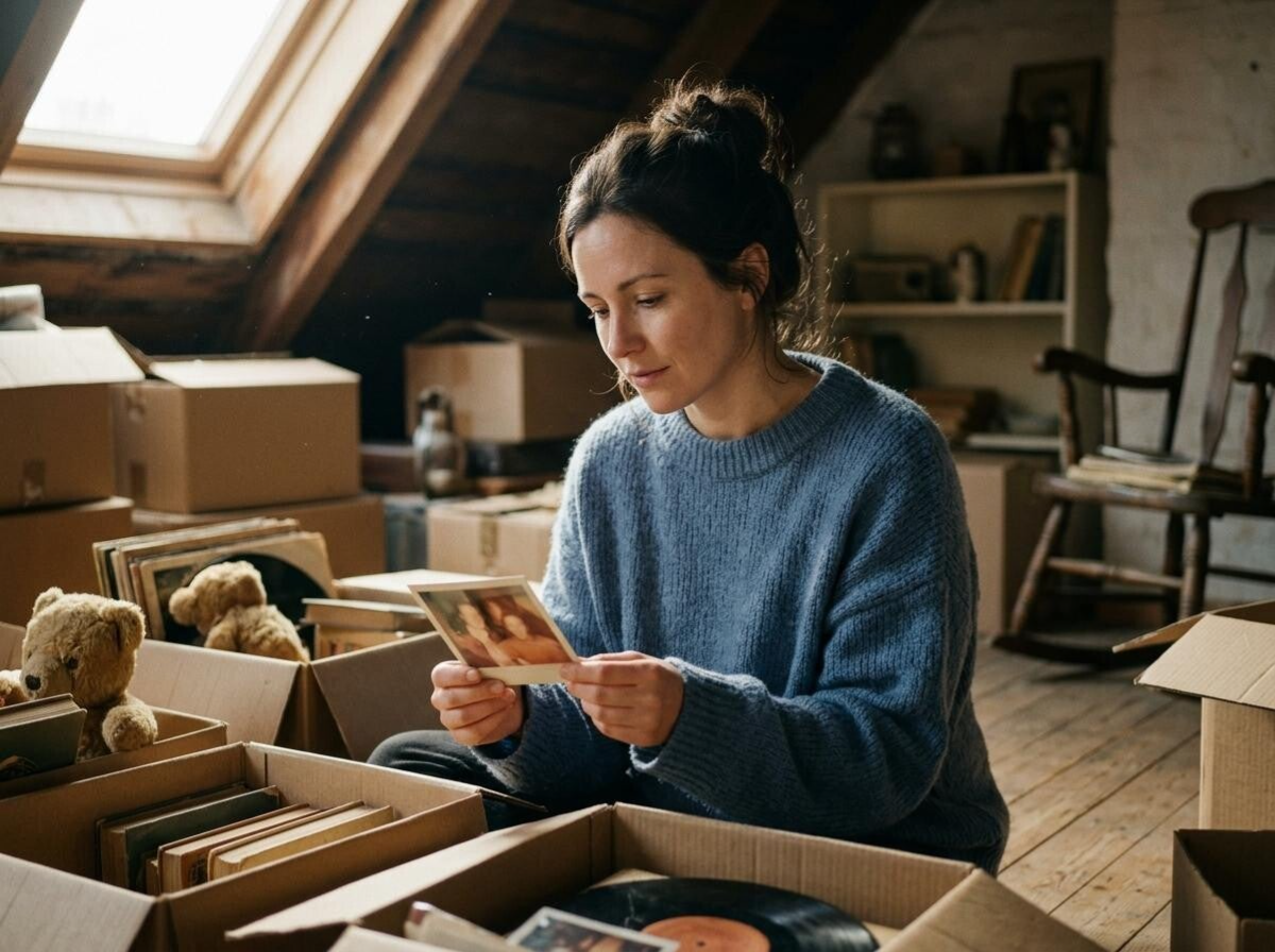 Femme tenant une ancienne photographie au milieu de souvenirs et de cartons de tri, hésitant à se séparer d'objets chargés d'émotion.