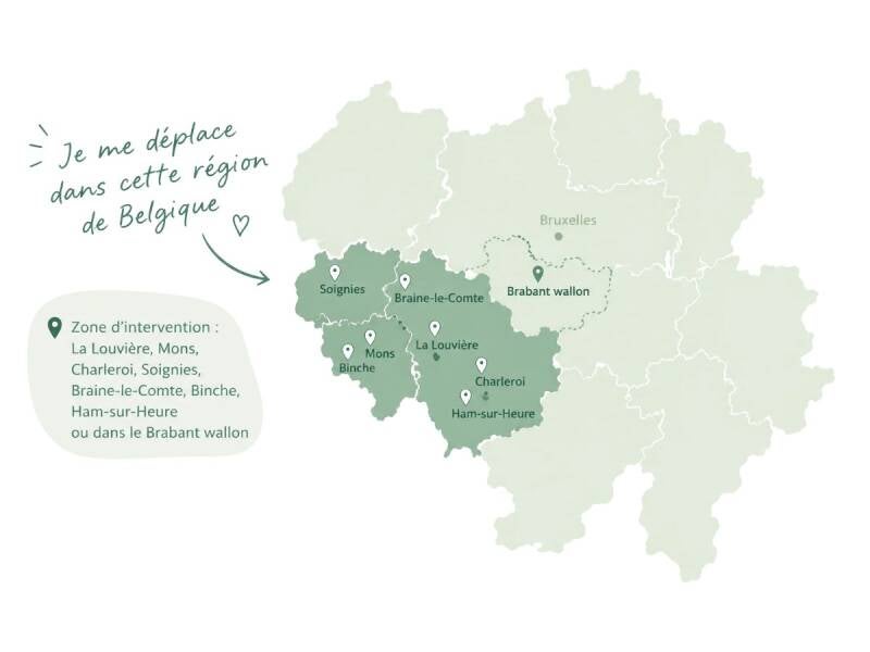 Carte de la zone d'intervention de Clarté Intérieure, home organiser en Hainaut et Brabant wallon : La Louvière, Mons, Charleroi, Soignies, Braine-le-Comte, Binche et Ham-sur-Heure.