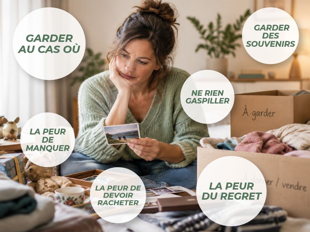 Femme assise parmi des objets et des souvenirs, hésitant avec émotion entre ce qu’elle souhaite garder et ce dont elle pourrait se séparer lors d’un désencombrement