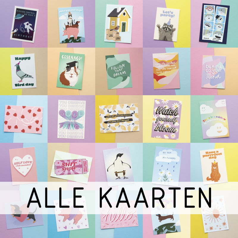 Verschillende afbeeldingen van de kaarten die wij verkopen, mental health kaarten, dierenkaarten, verjaardagskaarten 