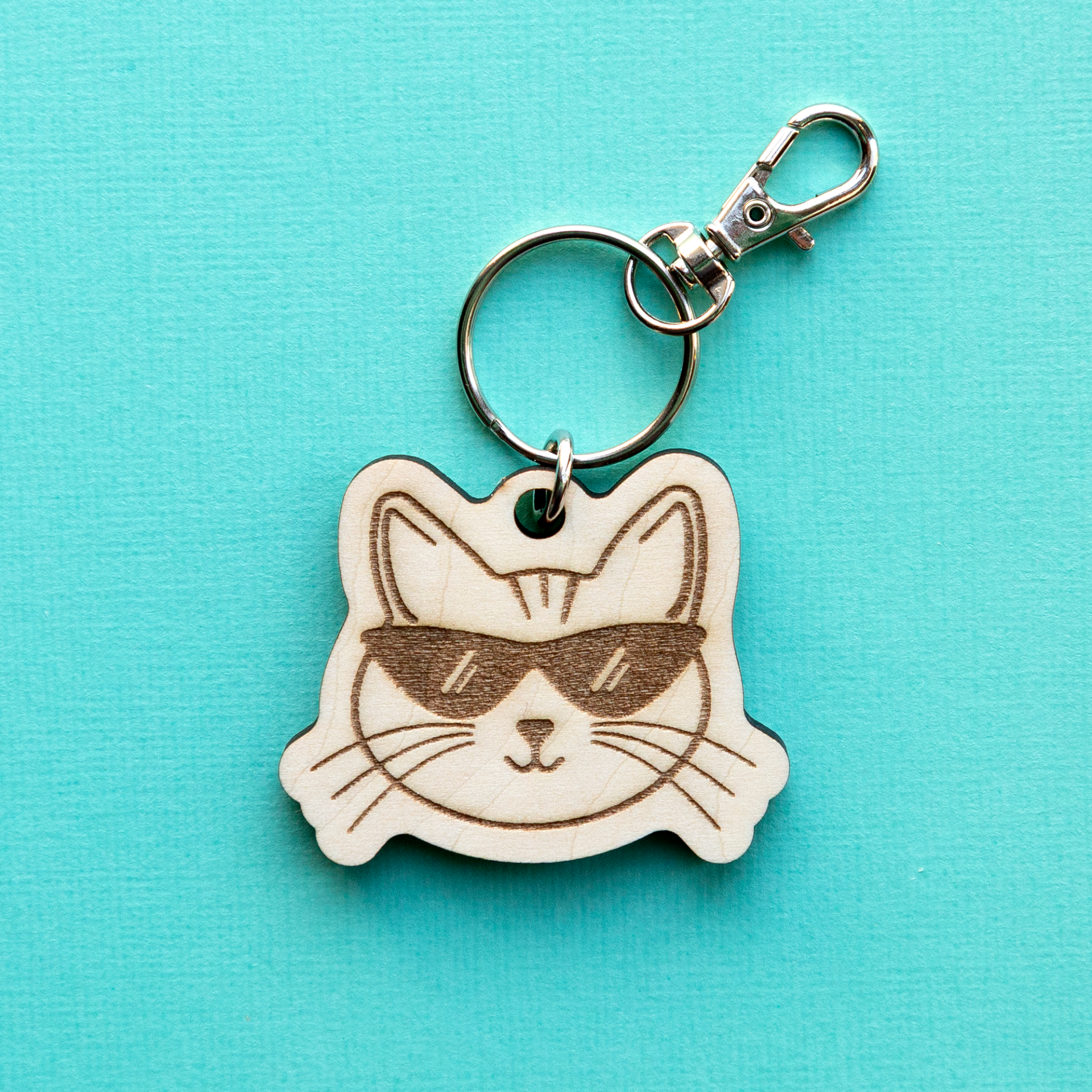 Houten Sleutelhanger: Kat met zonnebril