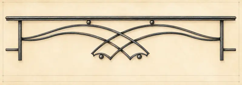 Modèle Alba, garde-corps de fenêtre contemporain en fer avec courbes entrecroisées et sphères décoratives