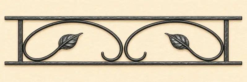 Garde-corps de fenêtre contemporain Léon en fer, avec deux grandes courbes symétriques et des feuilles décoratives.