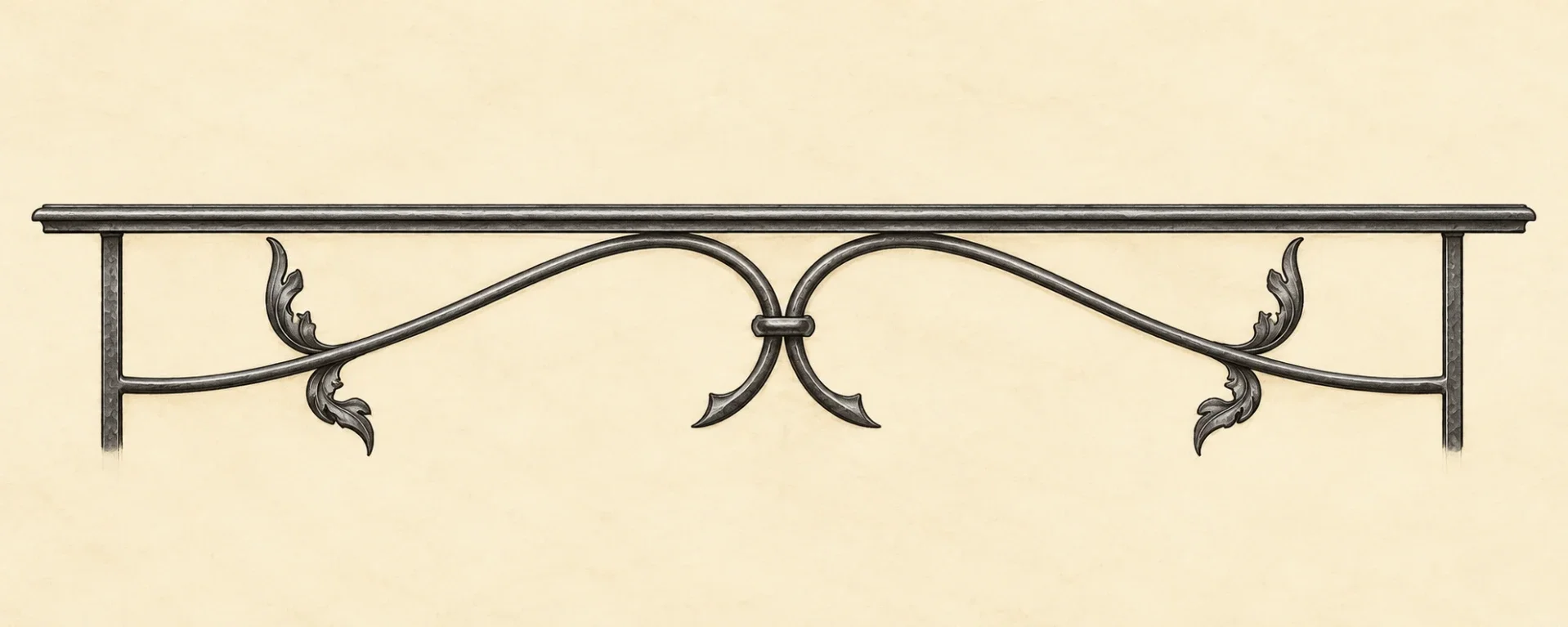 Barre d'appui de fenêtre Prague en fer forgé avec volutes symétriques et feuilles décoratives