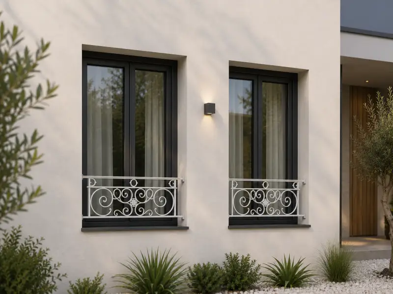 Deux garde-corps de fenêtre Châtillon en fer forgé thermolaqué installés sur une maison contemporaine avec menuiseries aluminium.