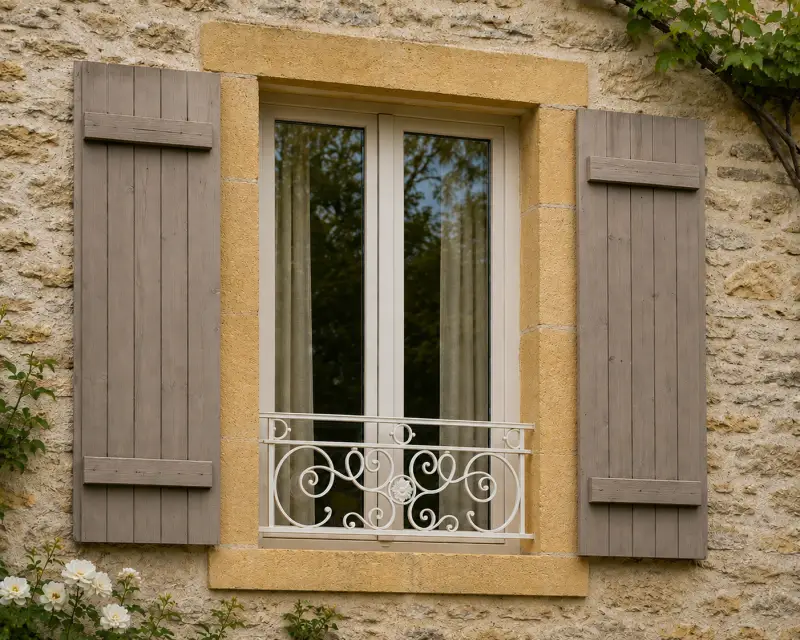Garde-corps de fenêtre Châtillon en fer forgé thermolaqué installé sur une façade en pierre avec volets en bois.