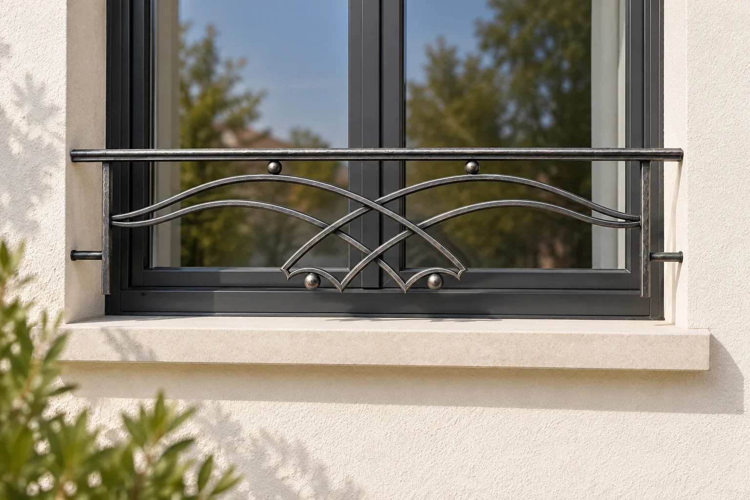 Garde-corps de fenêtre Alba en fer sur une façade contemporaine, avec courbes entrecroisées et finition noire.