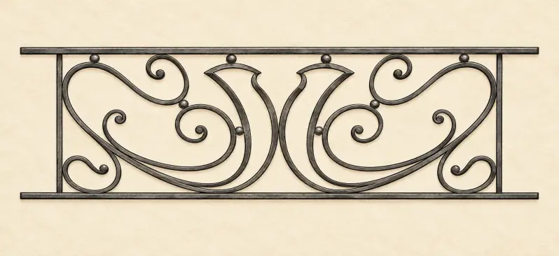 Garde-corps de fenêtre Chantilly en fer, avec volutes symétriques, motif central et billes décoratives.