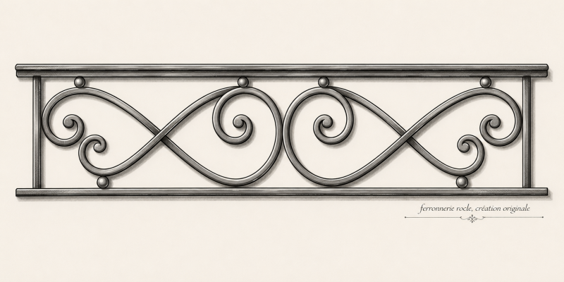 Garde-corps de fenêtre en fer forgé Florence sur mesure avec doubles volutes entrelacées et design épuré