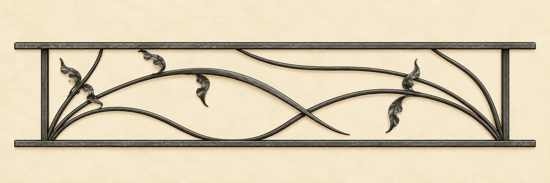 Garde-corps de fenêtre contemporain Mila en fer forgé, orné de courbes végétales et de feuilles forgées.