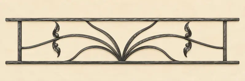 Garde-corps de fenêtre contemporain Vence en fer forgé, avec courbes végétales symétriques et feuilles décoratives.