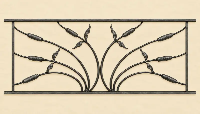Garde-corps Vienne sur mesure en fer forgé avec motifs symétriques et éléments martelés