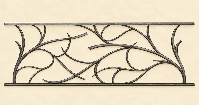 Garde-corps de fenêtre contemporain Menton en fer, avec un motif végétal composé de branches courbes entrelacées.