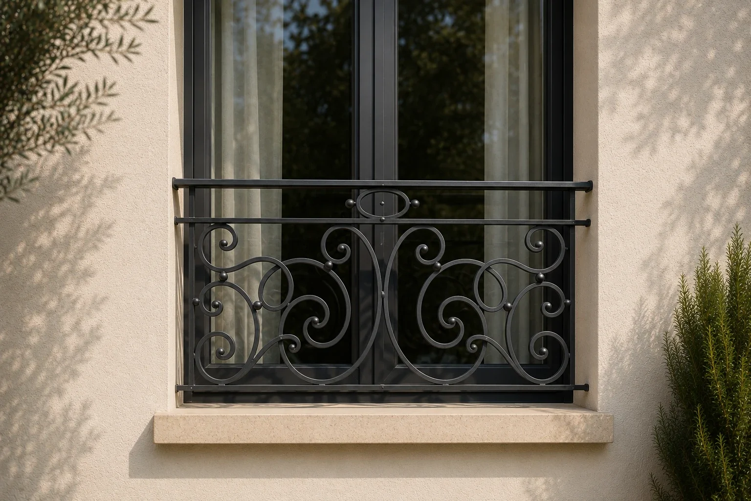Garde-corps de fenêtre Versailles en fer forgé thermolaqué vu en perspective sur une façade contemporaine.