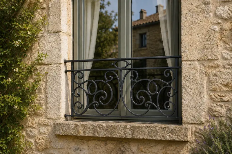 Garde-corps de fenêtre Versailles en fer forgé thermolaqué installé en tableau sur une façade en pierre.