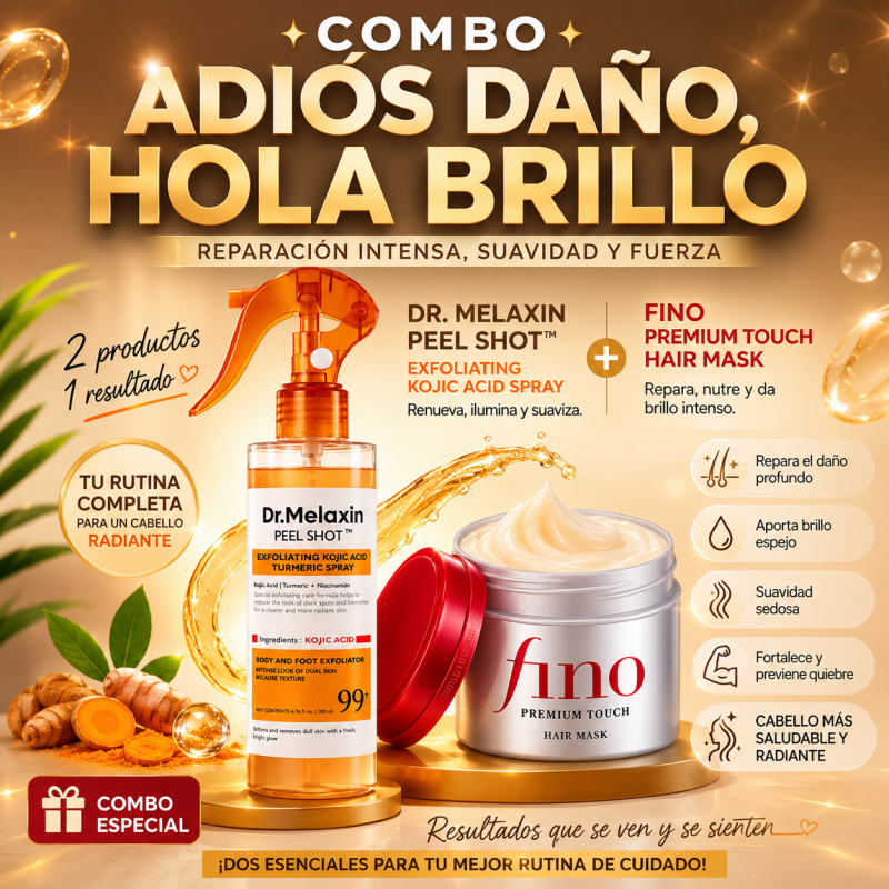 ✨ Combo Adiós Daño, Hola Brillo ✨  Dale a tu rutina de cuidado un nivel superior con este exclusivo combo que une el poder renovador de Dr. Melaxin Peel Shot Exfoliating Kojic Acid Spray y la nutrición intensiva de Fino Premium Touch Hair Mask.
