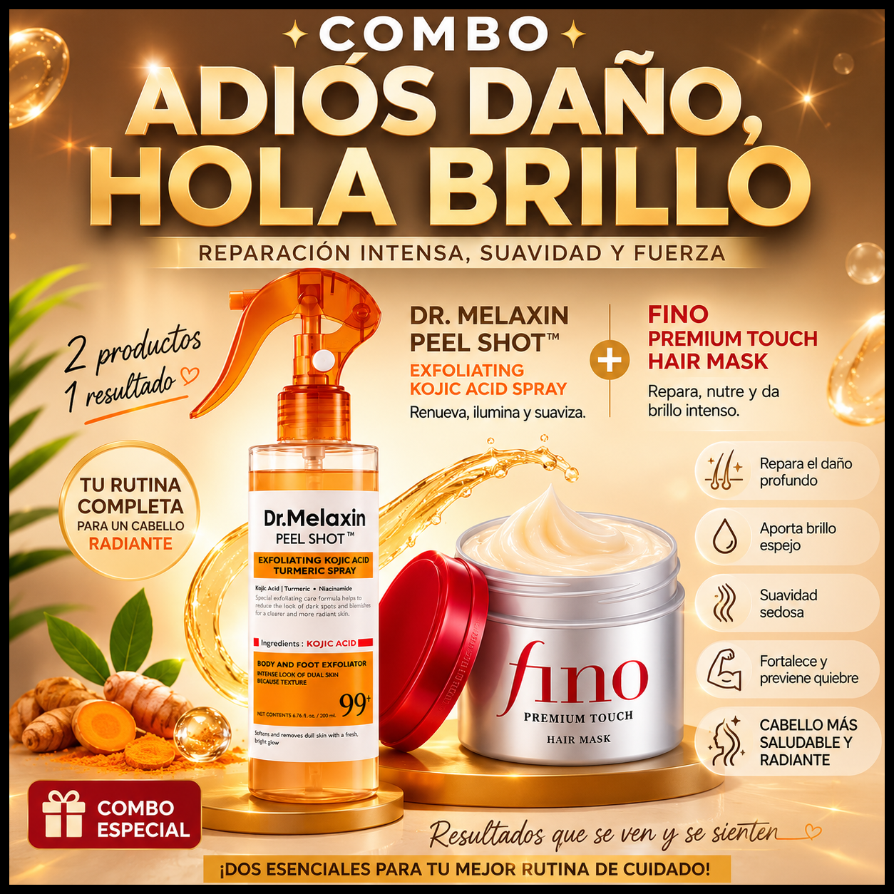 ✨ Combo Adiós Daño, Hola Brillo ✨  Dale a tu rutina de cuidado un nivel superior con este exclusivo combo que une el poder renovador de Dr. Melaxin Peel Shot Exfoliating Kojic Acid Spray y la nutrición intensiva de Fino Premium Touch Hair Mask.