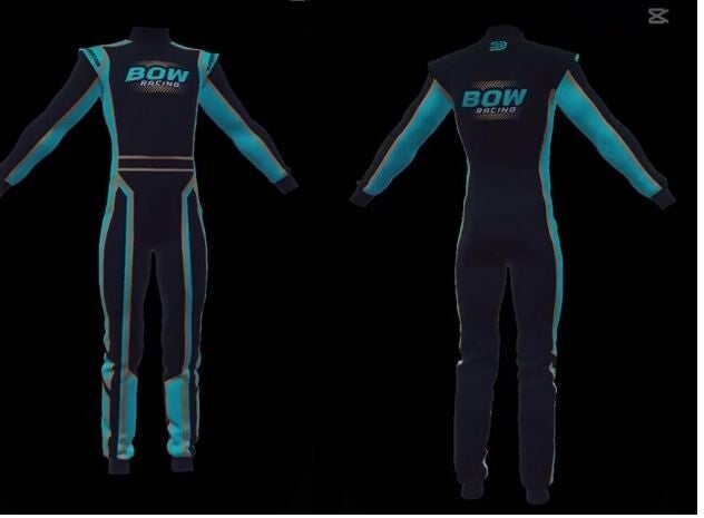 Sponsor op het Racepak (Platinum sponsor- 3j) Hieronder vindt u, in primeur, een foto van hoe ons raceoverall er uit zal zien. We ontwikkelden een mooi en heel strak design, in drie verschillende kleuren(zwart/blauw/goud). Dit is dan ook FIA gekeurd, om d