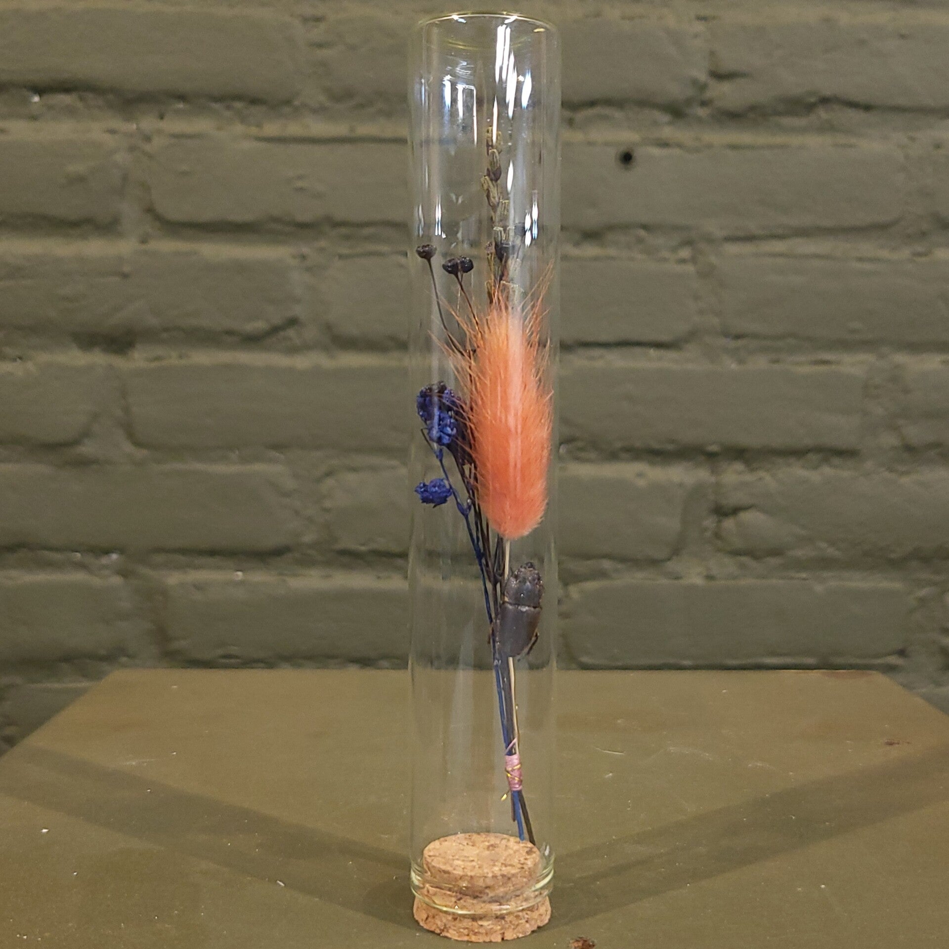 Stolp met droogbloemen en kever