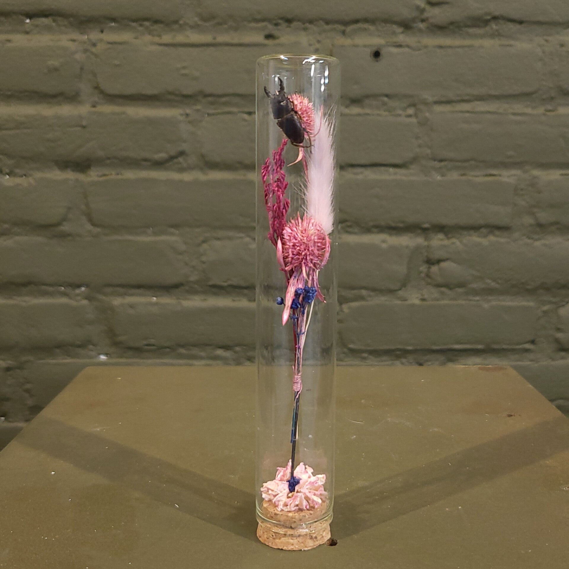 Stolp met droogbloemen en kever