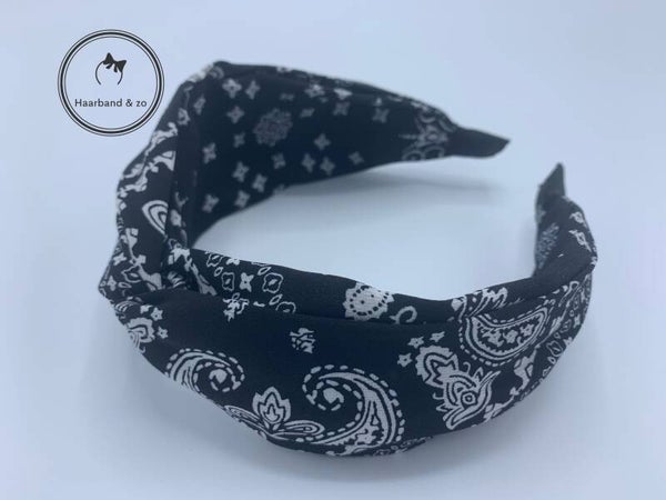 Brede haarband met twist in bandana-motief, zwart (art.nr 105-12)