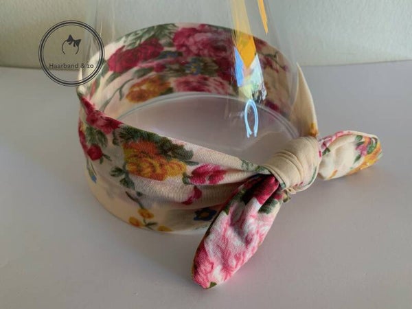 Elastische baby haarband met mooie bloemenprint, beige met roze rozen (art.nr. 117-01)