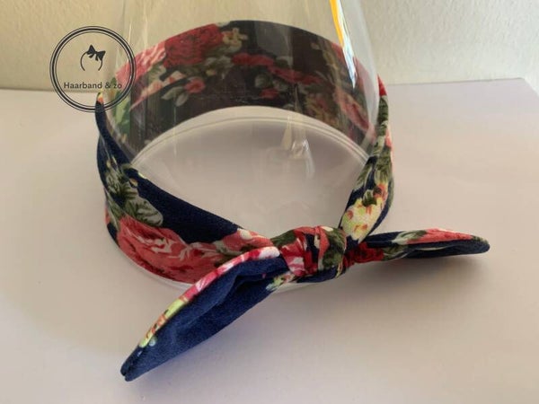 Elastische baby haarband met mooie bloemenprint, donkerblauw met roze rozen (art.nr. 117-07)