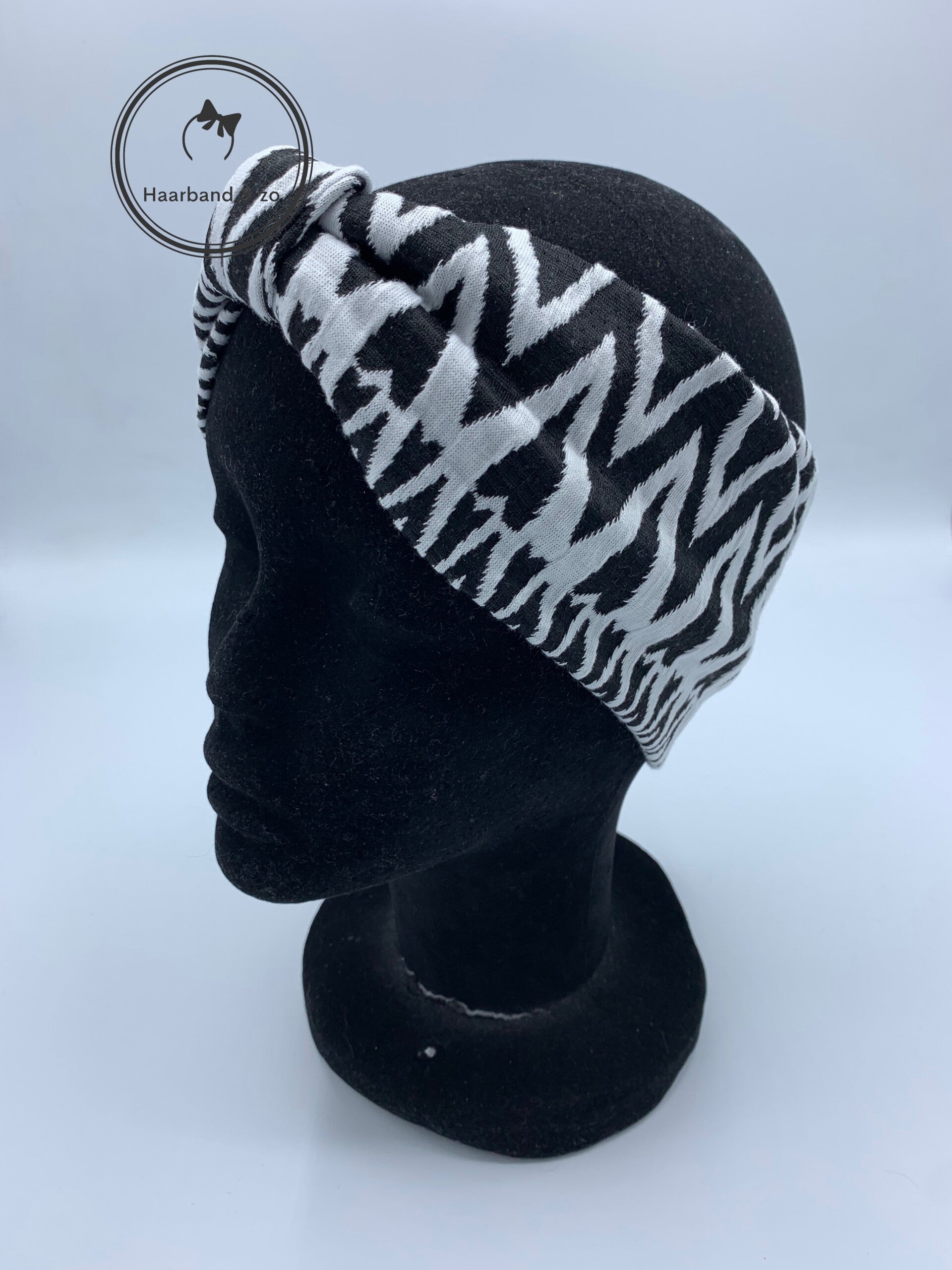 Haarband & zo, Elastische haarband met bandje in zwart wit motief, jaquard (art.nr. 130-02)