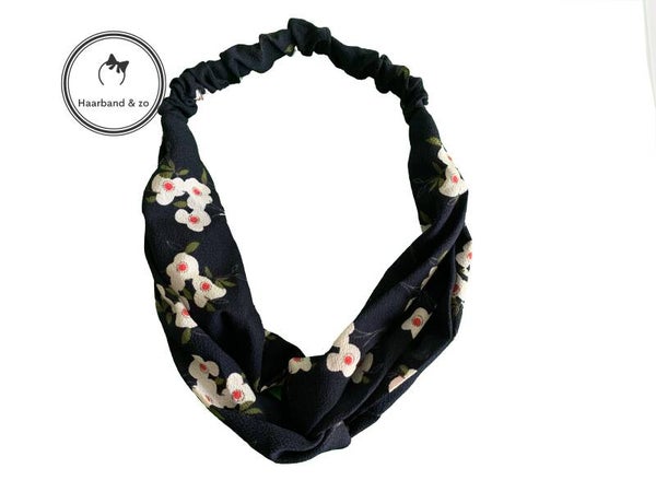 Elastische haarband met bloemenpatroon, donkerblauw met witte bloemetjes (art.nr 154-01)