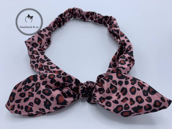 Elastische haarband met strik, satijn, tijgerprint, roze (164-05)