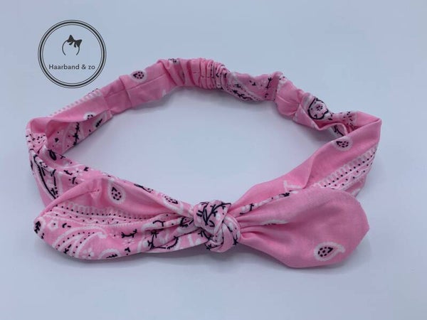 Elastische haarband met strik, in bandana-motief, roze (165-06)