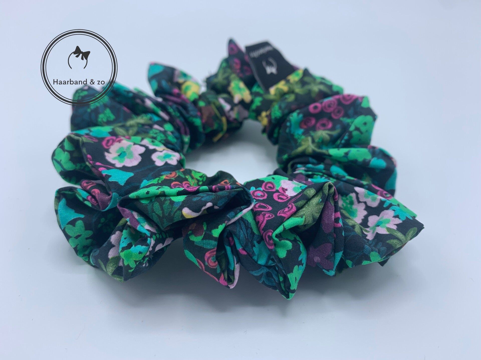 Haarband & zo, scrunchie van katoen met bloemenprint, veelkleurige groene print (art.nr. 177-03)