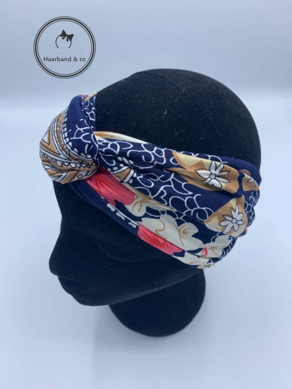 Elastische haarband in Kashmir print met bloemen, donkerblauw/fuchsia (art.nr. 182-14)