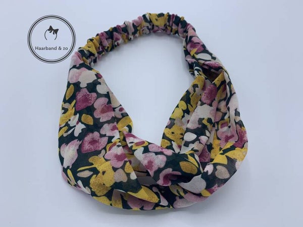 Elastische haarband van transparant chiffon in bloemenprint, hoofdkleur geel en donkergroen (art.nr. 205-02