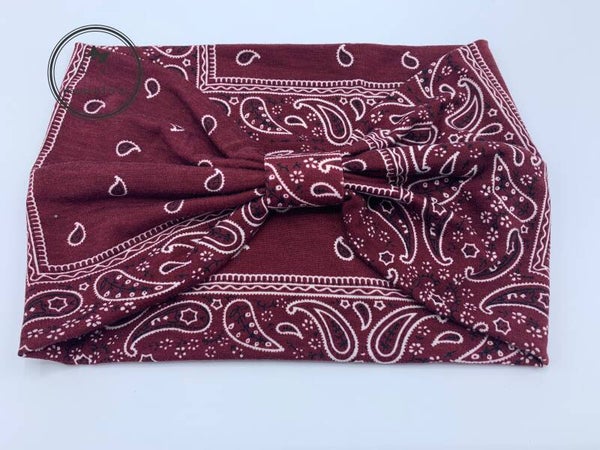 Super brede haarband met knoop in bandanamotief, bordeauxrood (art.nr 214-04)