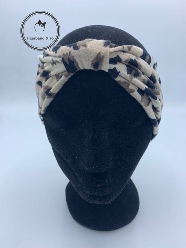 Extra brede elastische haarband met knoop, beige print (art.214-05)