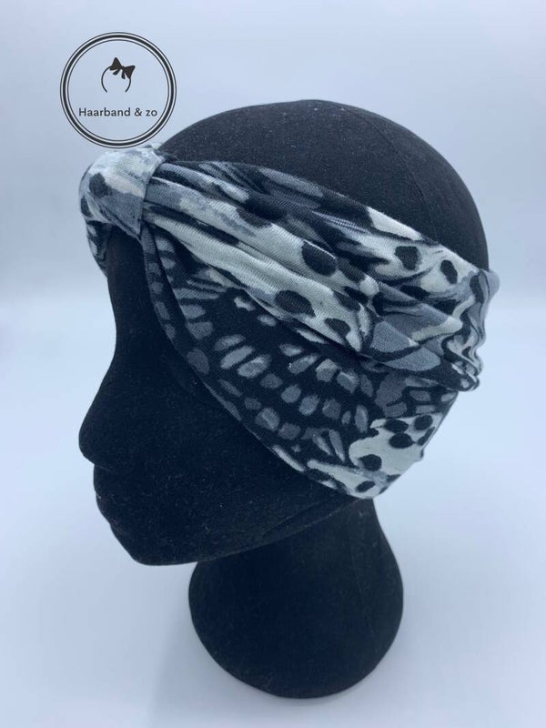 Extra brede elastische haarband met knoop, antraciet/zwarte print (art.214-08)