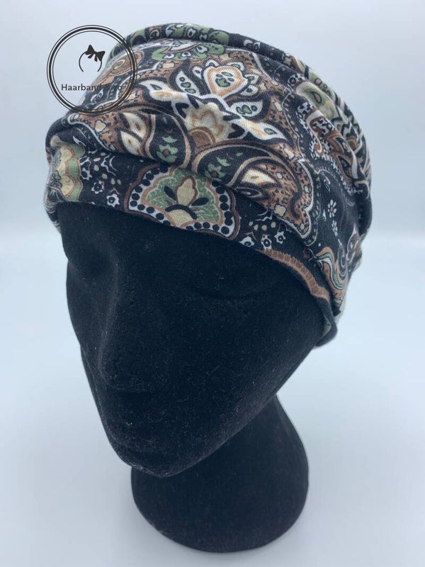 Extra brede elastische haarband met knoop, zwarte kashmir print (art.214-09)