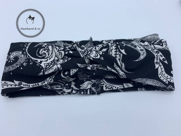 Elastische haarband met twist in kashmir motief, zwart (art.nr. 215-02)