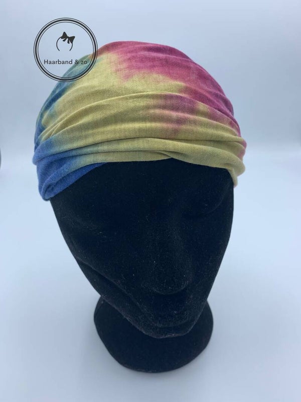 Elastische haarband van tricot met elastische band in tie dye print, wijnrood/blauw/khaki (art.nr 215-08)